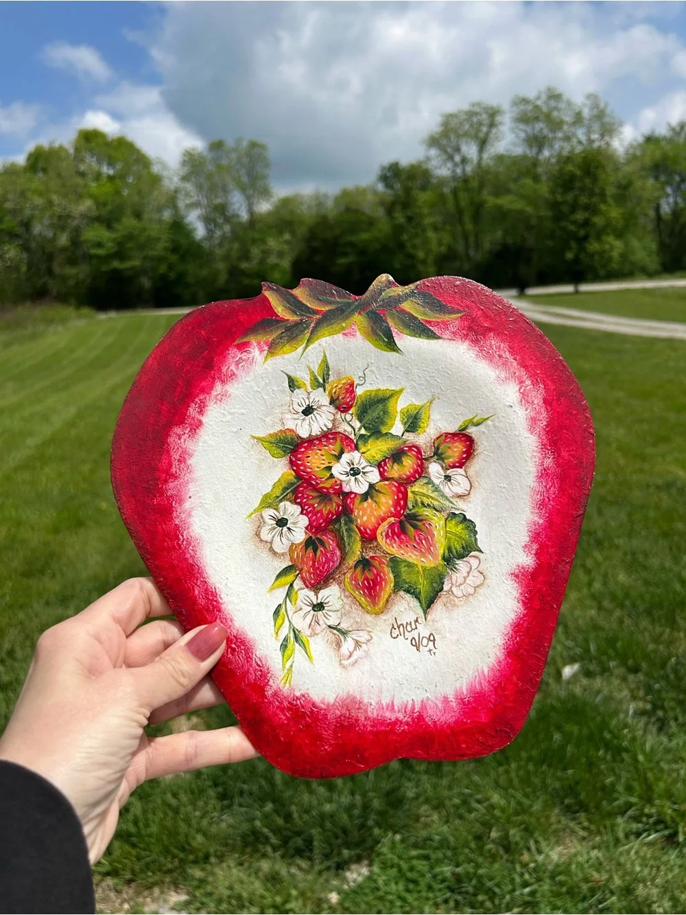 Vintage Wood plate Hand Painted Strawberry strawberries Cottagecore‎ Signed